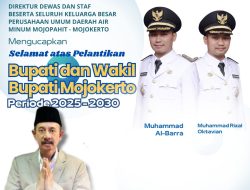 Perumda PDAM Mojopahit Mengucapkan Selamat atas Dilantiknya Dr Muhammad Al Barra Lc M.Hum dan dr Muhammad Rizal Octavian sebagai Bupati dan Wakil Bupati Mojokerto Periode 2025-2030